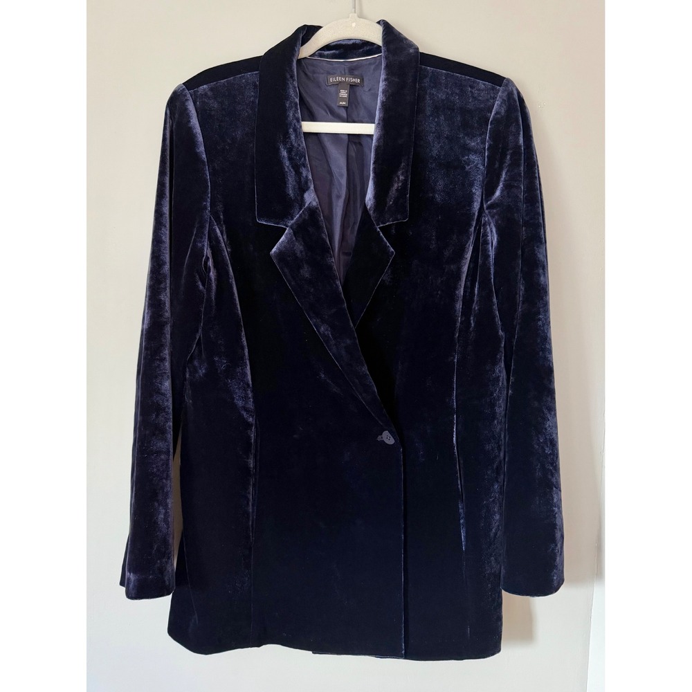 Eileen Fisher Midnight Blue Velvet Silk Blend Blazer Navy Longline Jacket Medium - Picture 3 of 9